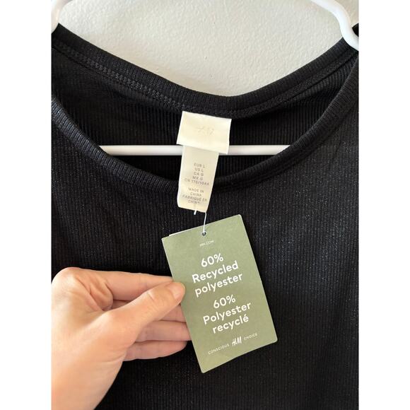 H&M Top Womens Large Black Glittery NWT Crop Tank Sustainable Ribbed Fitted - Picture 3 of 5